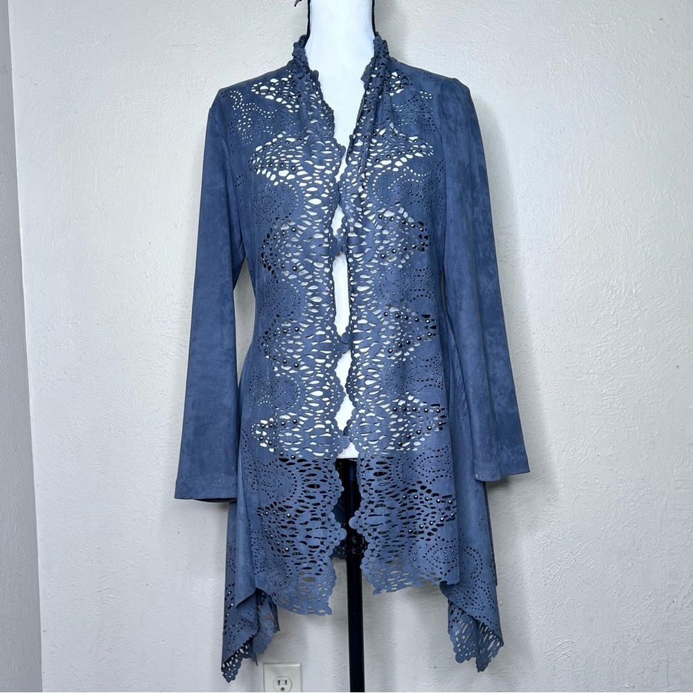 Mariel blue lazer cut studded open jacket